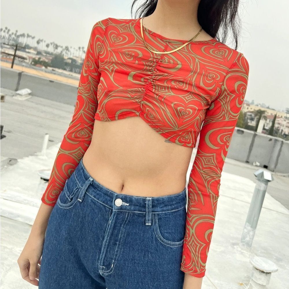 NEW Lisa Says Gah Elenor Ruched Centre Wild Hearts Long Sleeve Mesh Crop Top